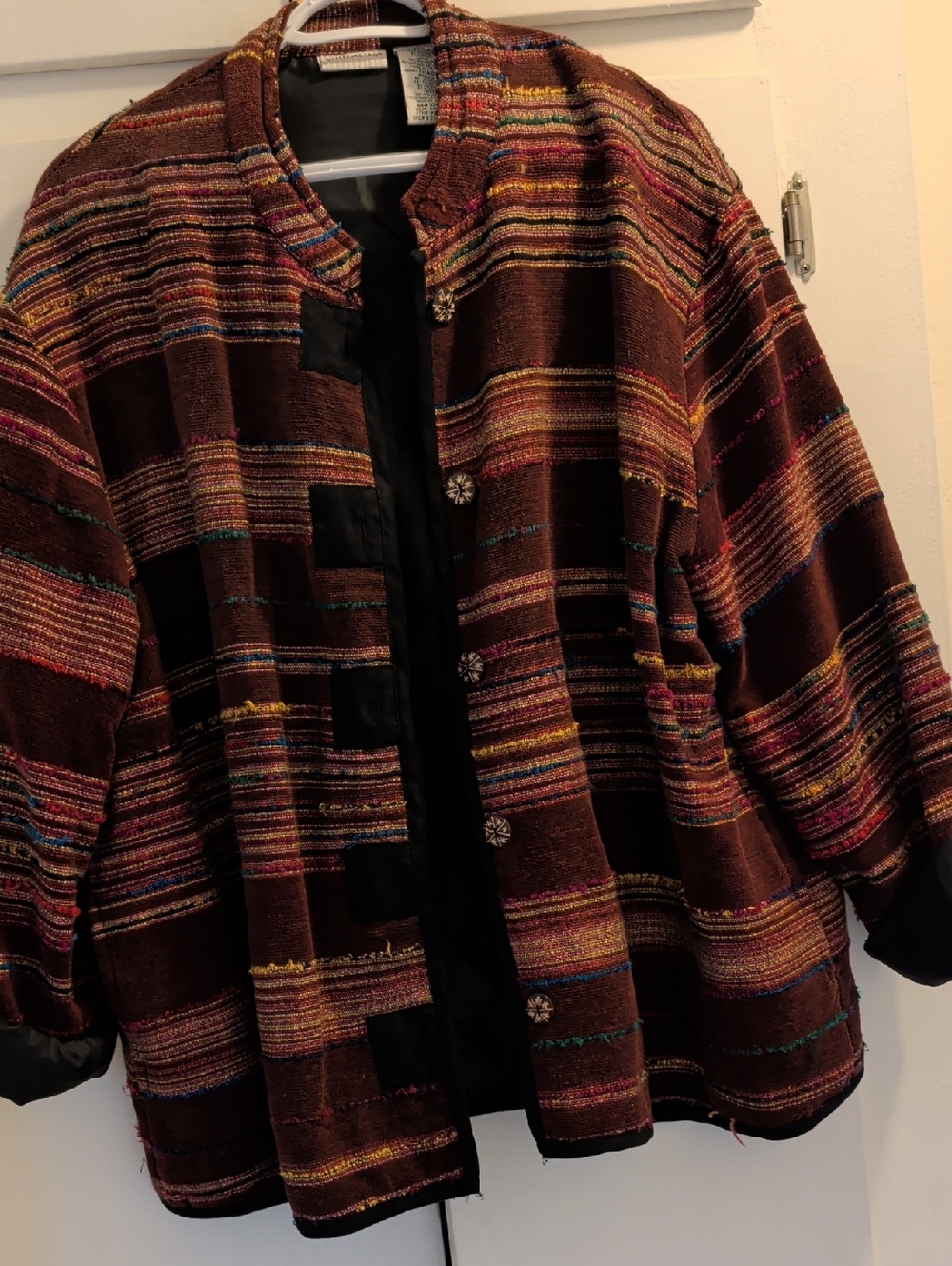 Vintage Boho Coat White Stag Multicolor Woven Jacket with Hand Carved Buttons